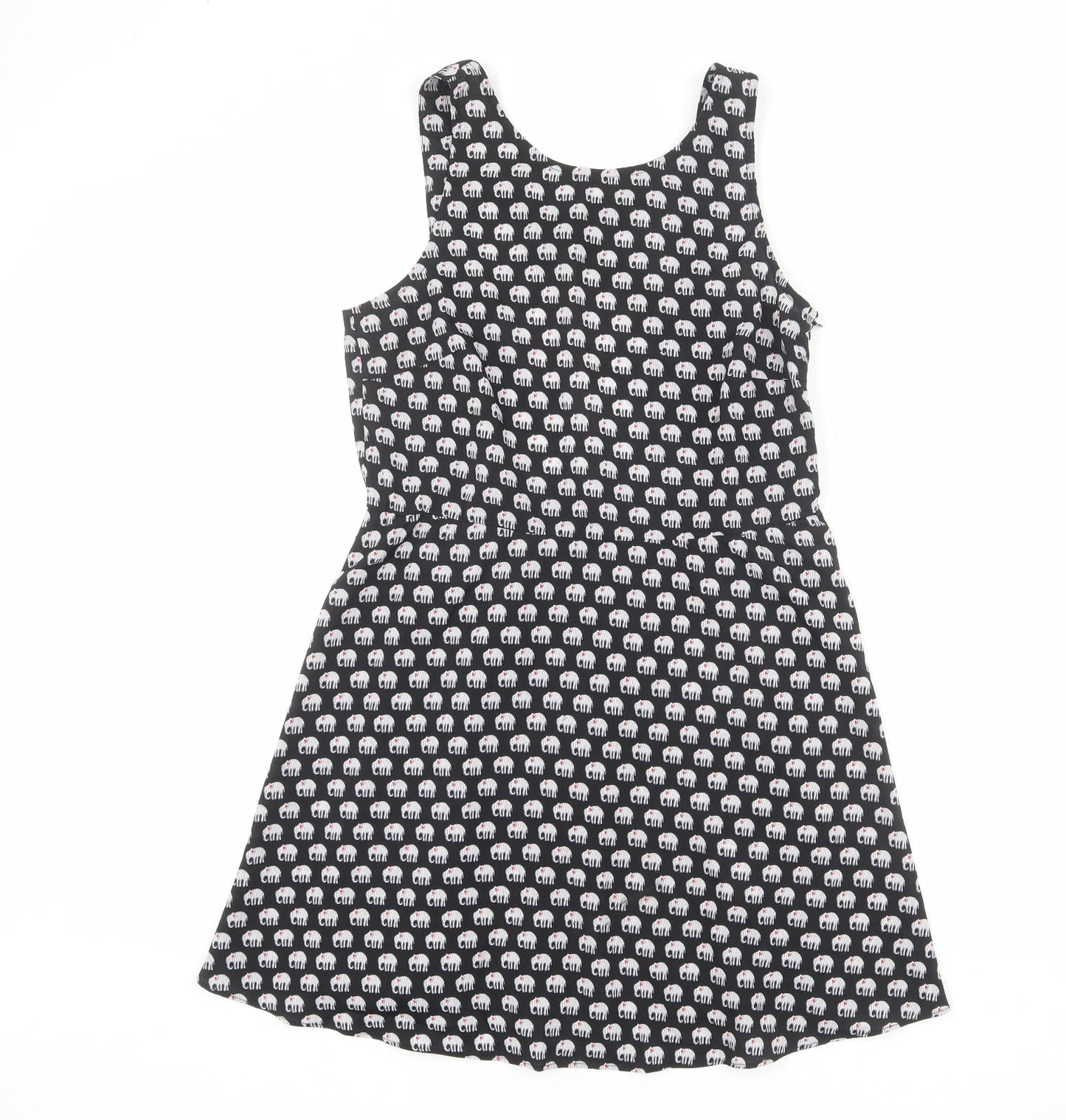 Influence Womens Black Geometric Polyester Tank Dress Size L Round Neck Zip - Elephant pattern