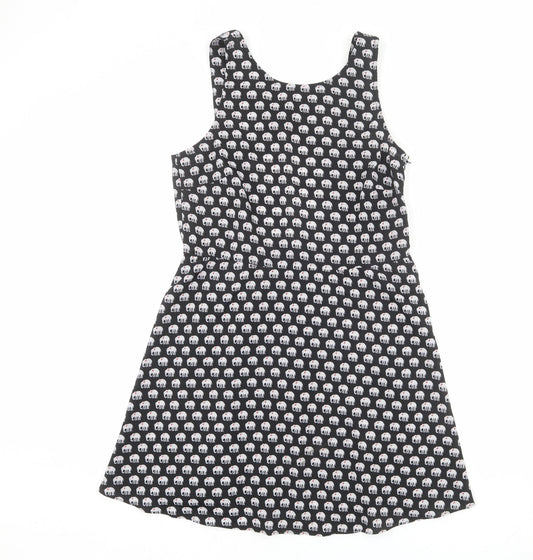 Influence Womens Black Geometric Polyester Tank Dress Size L Round Neck Zip - Elephant pattern