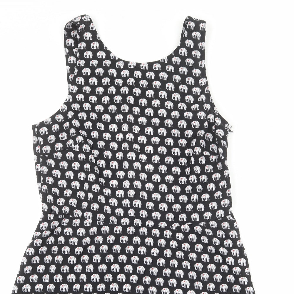 Influence Womens Black Geometric Polyester Tank Dress Size L Round Neck Zip - Elephant pattern