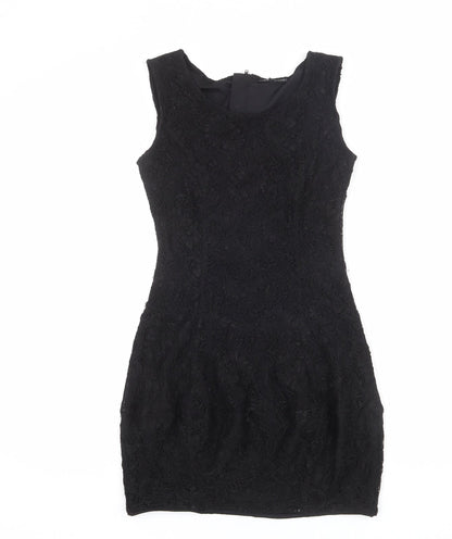 Warehouse Womens Black Geometric Nylon Bodycon Size 10 Round Neck Zip