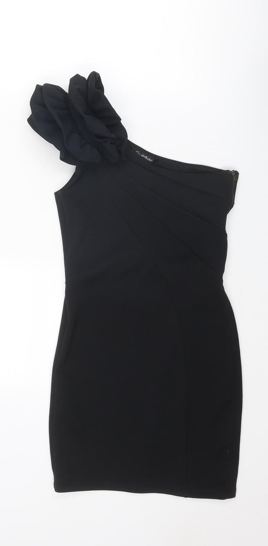 Miss Selfridge Womens Black Polyester Mini Size 10 One Shoulder Zip - Asymmetric Neckline