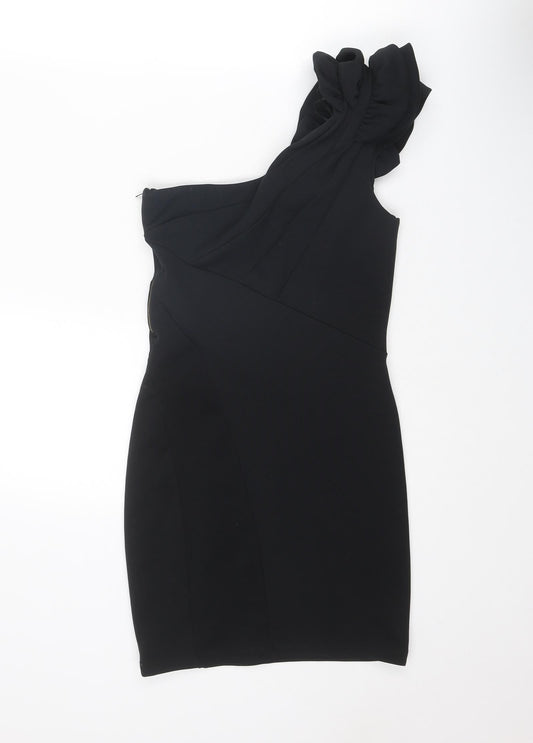 Miss Selfridge Womens Black Polyester Mini Size 10 One Shoulder Zip - Asymmetric Neckline