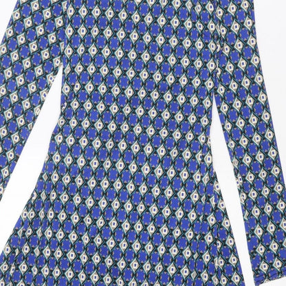 Ingenue London Womens Blue Geometric Polyester Trapeze & Swing Size 10 V-Neck Pullover