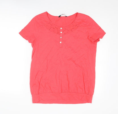 Bonmarché Womens Pink Cotton Basic Blouse Size 14 Boat Neck - Broderie Anglaise Details