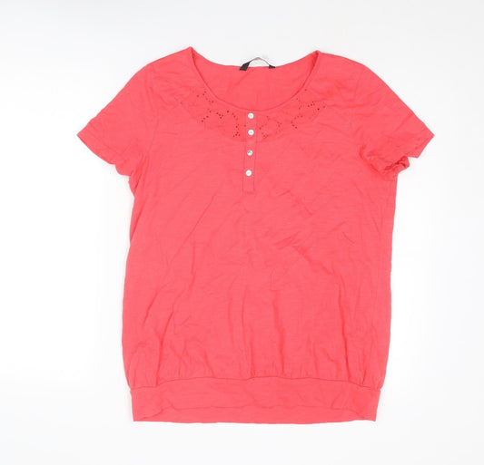 Bonmarché Womens Pink Cotton Basic Blouse Size 14 Boat Neck - Broderie Anglaise Details