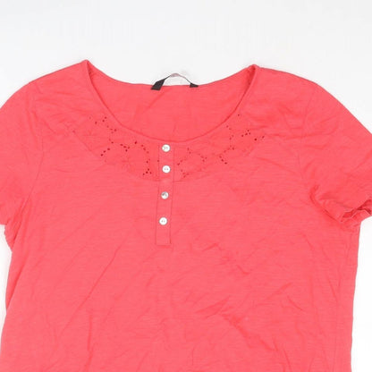 Bonmarché Womens Pink Cotton Basic Blouse Size 14 Boat Neck - Broderie Anglaise Details