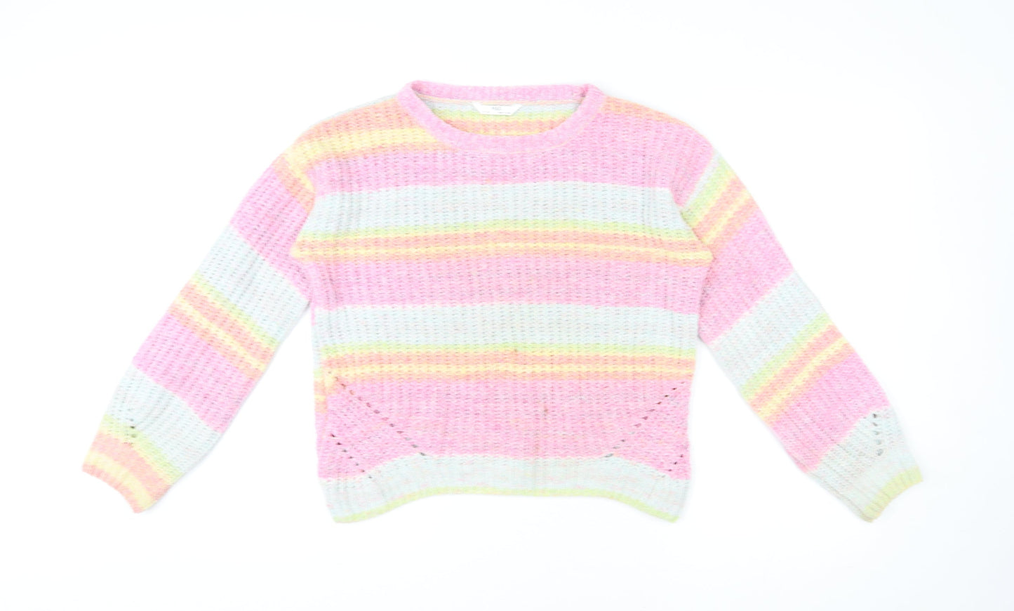 Marks and Spencer Girls Multicoloured Round Neck Striped Polyester Pullover Jumper Size 13-14 Years Pullover