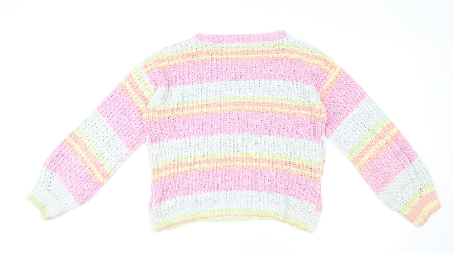 Marks and Spencer Girls Multicoloured Round Neck Striped Polyester Pullover Jumper Size 13-14 Years Pullover