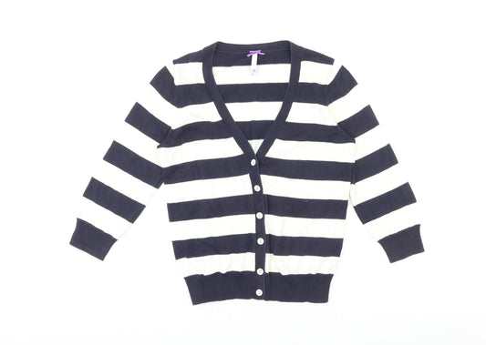 BHS Womens Blue V-Neck Striped 100% Cotton Cardigan Jumper Size 10