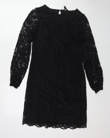 M&Co Womens Black Polyester Shift Size 8 Round Neck Button
