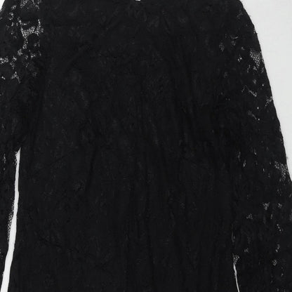 M&Co Womens Black Polyester Shift Size 8 Round Neck Button