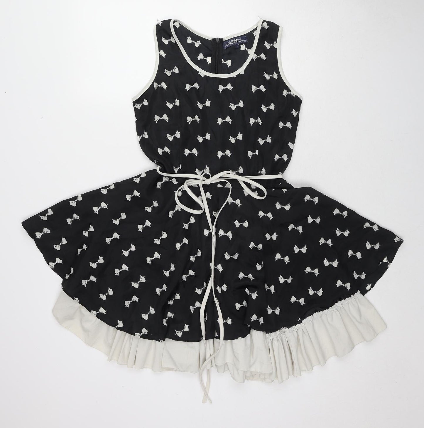 New York Laundry Womens Black Geometric Polyester Fit & Flare Size S Round Neck Zip - Bow pattern