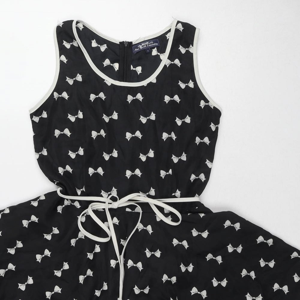 New York Laundry Womens Black Geometric Polyester Fit & Flare Size S Round Neck Zip - Bow pattern