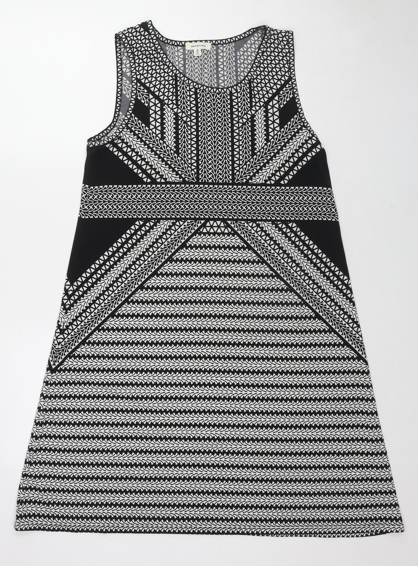 Max Studio Womens Black Geometric Polyester A-Line Size M Round Neck Pullover