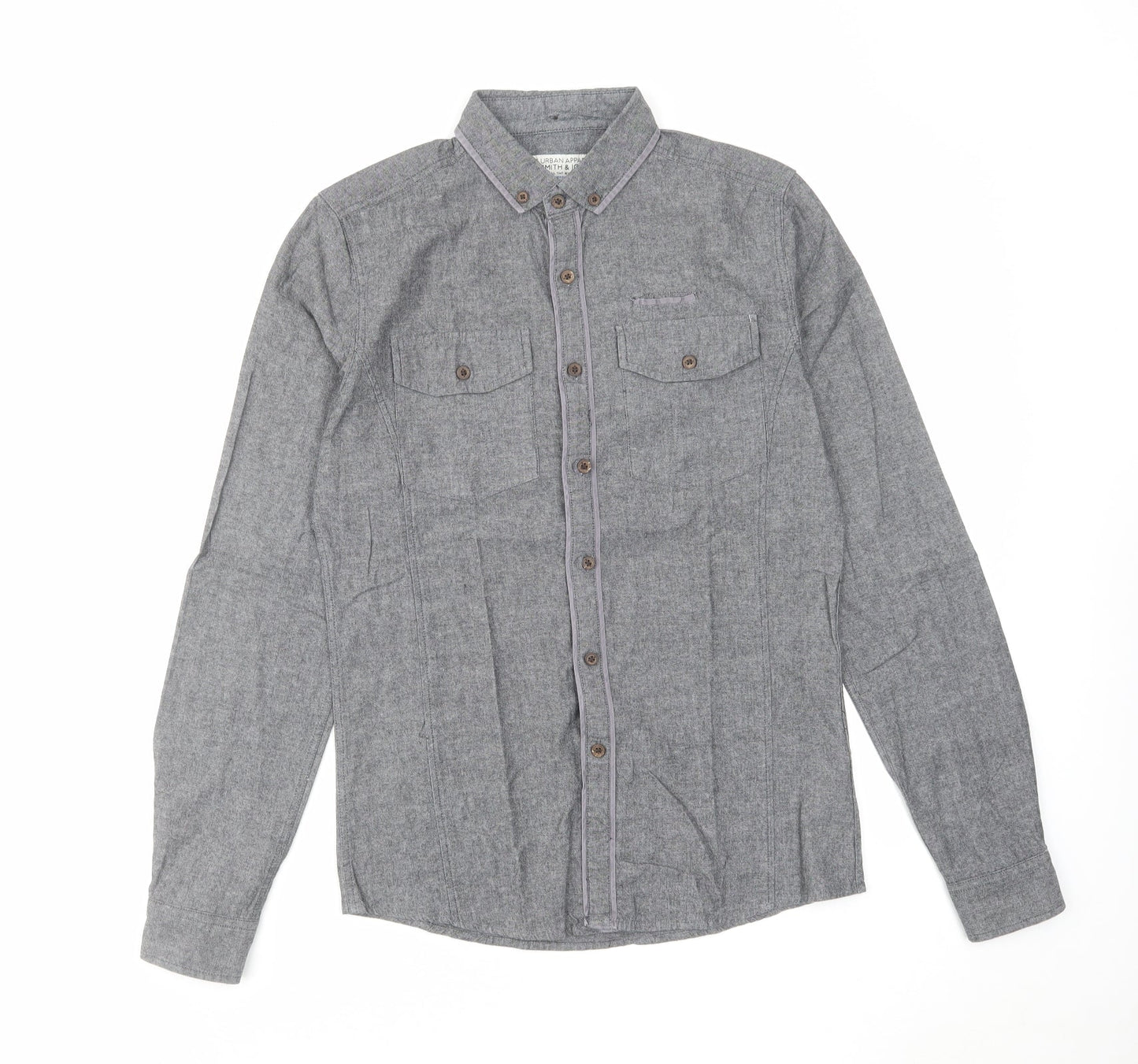 Smith & Jones Mens Grey Cotton Button-Up Size S Collared Button