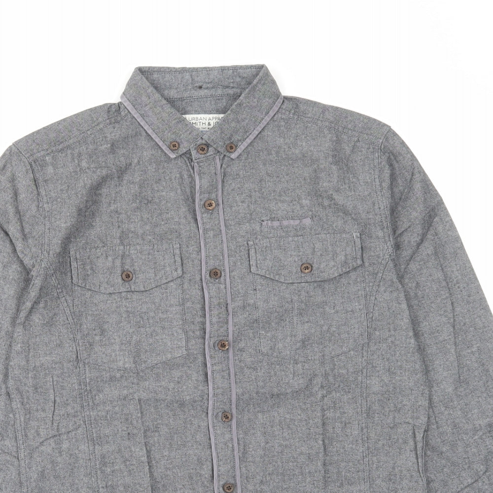 Smith & Jones Mens Grey Cotton Button-Up Size S Collared Button