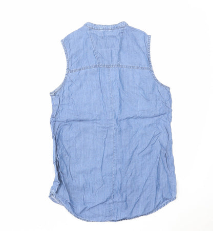 Denim & Co. Womens Blue Cotton Basic Button-Up Size 8 Round Neck