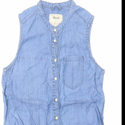 Denim & Co. Womens Blue Cotton Basic Button-Up Size 8 Round Neck