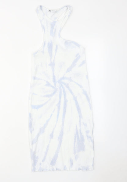 Zara Womens Blue Geometric Cotton Bodycon Size M Round Neck Pullover