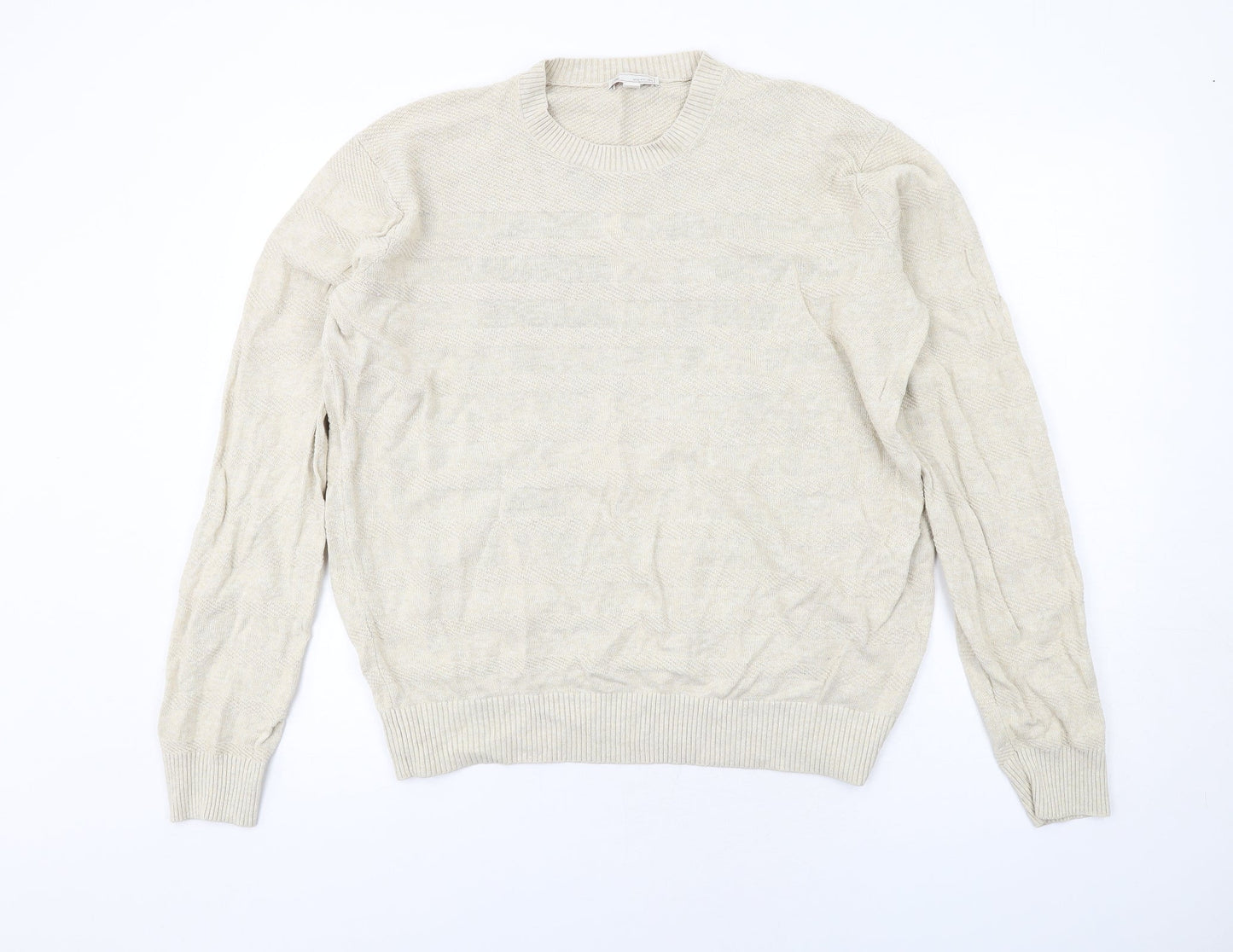 Gap Mens Beige Round Neck Striped Linen Pullover Jumper Size XL Long Sleeve