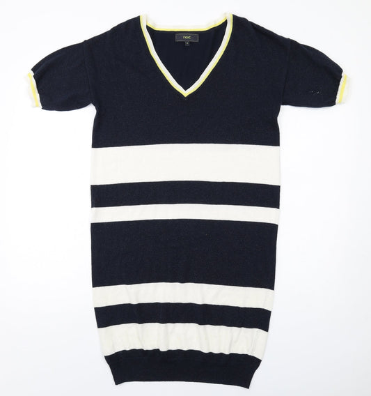 NEXT Womens Blue Striped Cotton Jumper Dress Size 10 V-Neck Pullover