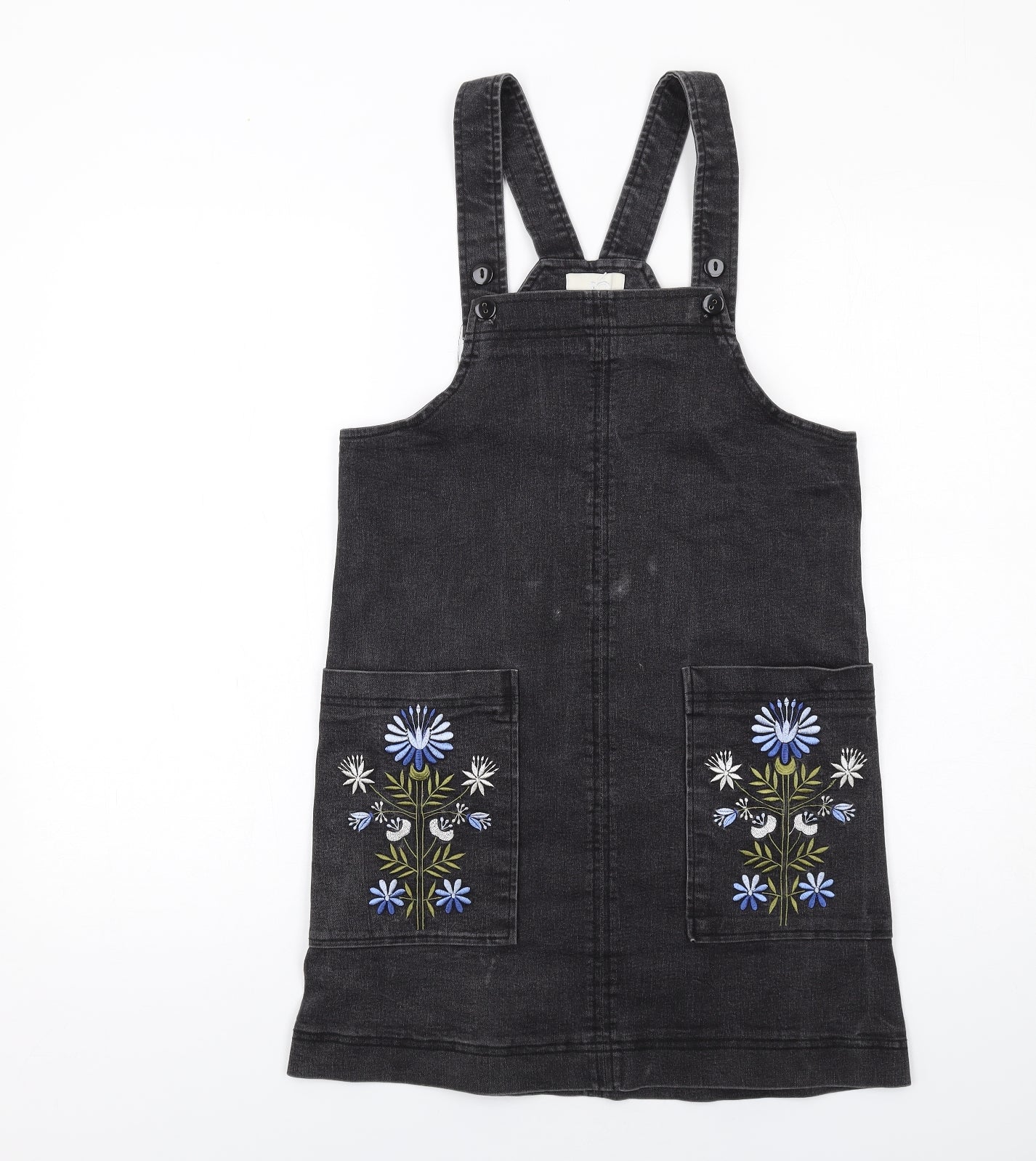 Joy Womens Black Floral Cotton Pinafore/Dungaree Dress Size 8 Square Neck Pullover