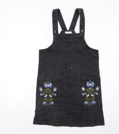Joy Womens Black Floral Cotton Pinafore/Dungaree Dress Size 8 Square Neck Pullover