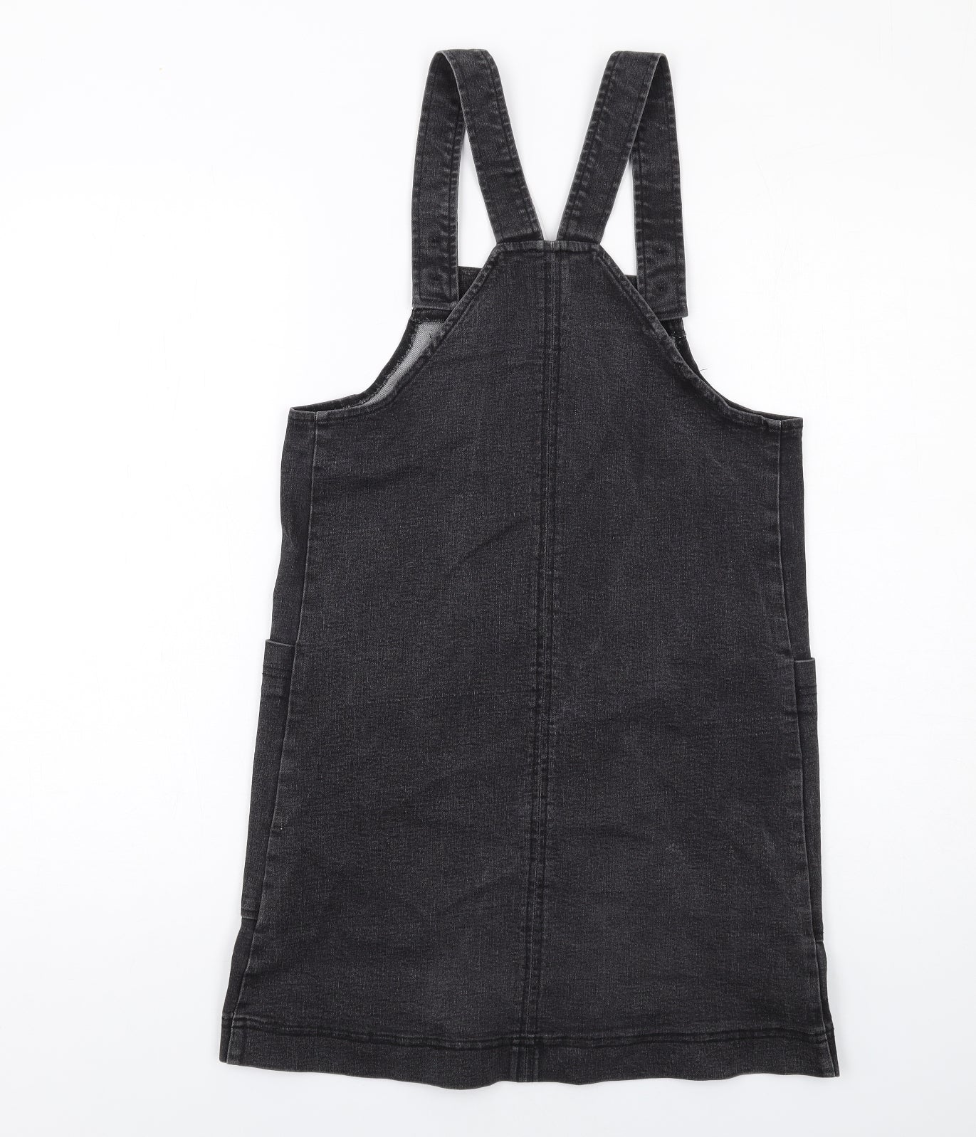 Joy Womens Black Floral Cotton Pinafore/Dungaree Dress Size 8 Square Neck Pullover