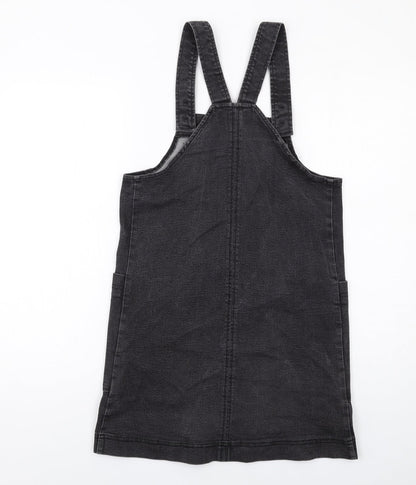Joy Womens Black Floral Cotton Pinafore/Dungaree Dress Size 8 Square Neck Pullover