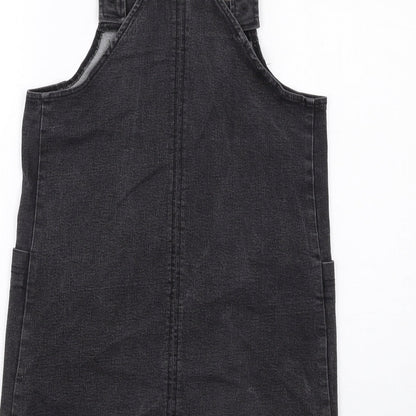 Joy Womens Black Floral Cotton Pinafore/Dungaree Dress Size 8 Square Neck Pullover