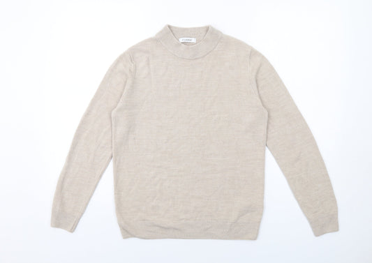 Classic Womens Beige Mock Neck Acrylic Pullover Jumper Size 12