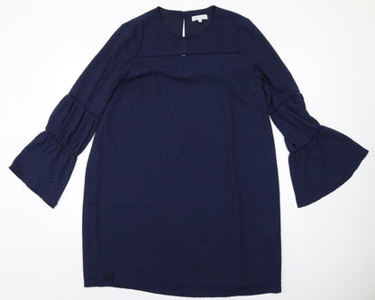 Warehouse Womens Blue Polka Dot Polyester A-Line Size 12 Round Neck Button