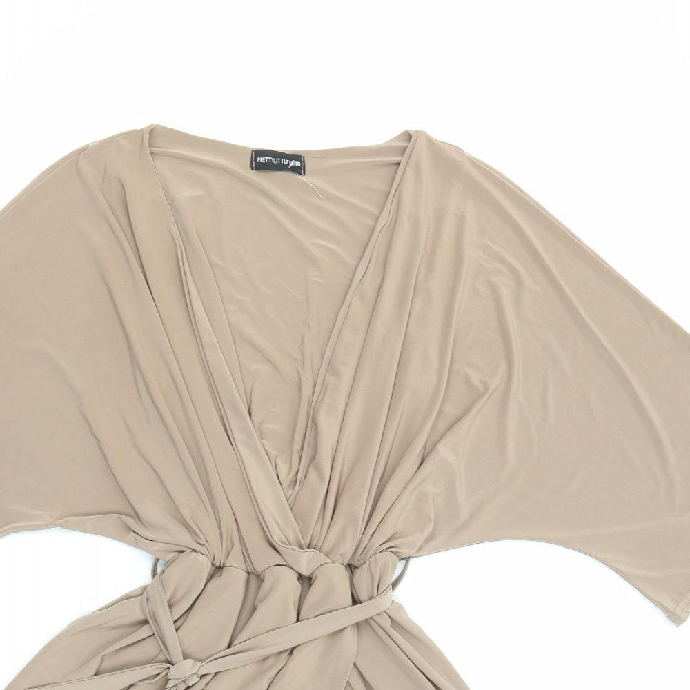 PRETTYLITTLETHING Womens Beige Polyester A-Line Size 10 V-Neck Pullover