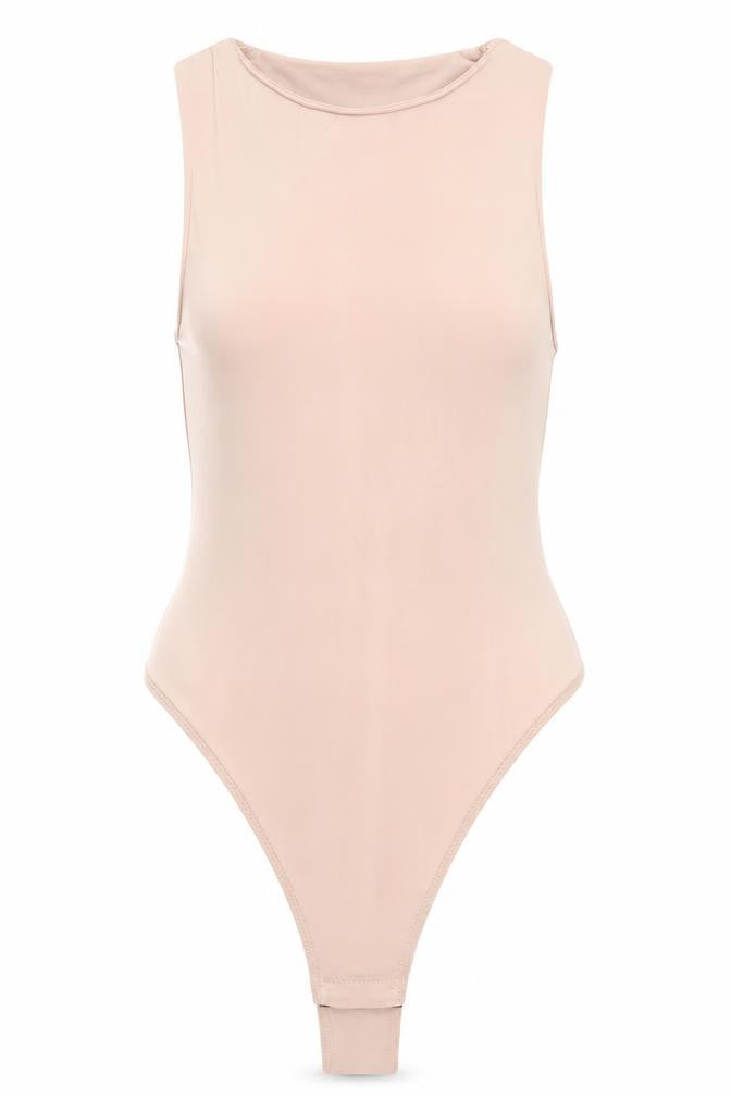 Front view of Missguided women’s pink polyester bodysuit one-piece, size UK 2, snap