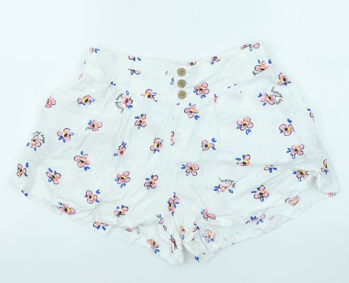 Marks and Spencer Womens White Floral Viscose Basic Shorts Size 10 L4 in Regular Button