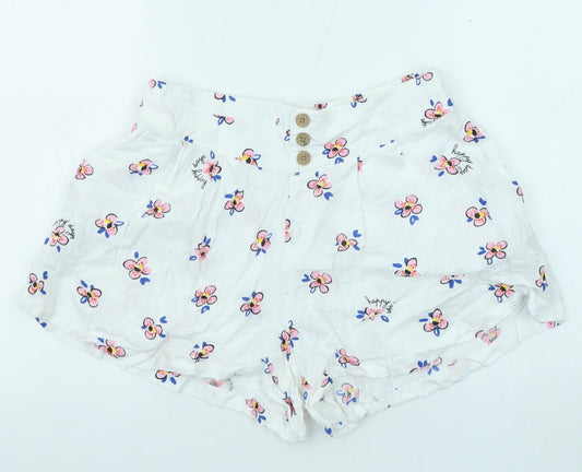 Marks and Spencer Womens White Floral Viscose Basic Shorts Size 10 L4 in Regular Button
