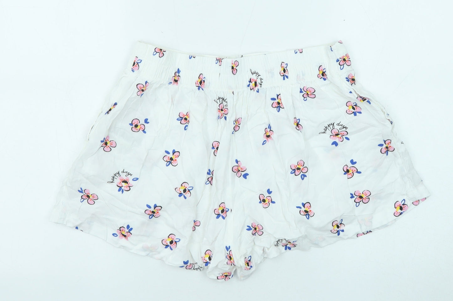 Marks and Spencer Womens White Floral Viscose Basic Shorts Size 10 L4 in Regular Button