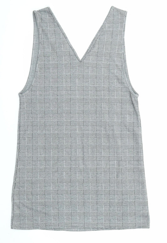 New Look Womens Black Plaid Polyester Pinafore/Dungaree Dress Size 14 V-Neck Pullover
