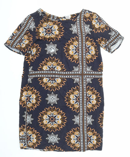 Saint Tropez Clothing Womens Blue Geometric Viscose Shirt Dress Size M Round Neck Button