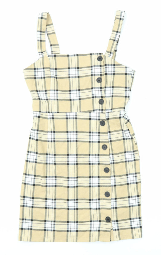 Divided by H&M Womens Beige Plaid Polyester Tank Dress Size 8 Square Neck Button