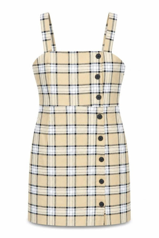 Divided by H&M Womens Beige Plaid Polyester Tank Dress Size 8 Square Neck Button