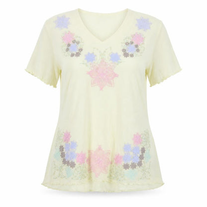 Classics Womens Beige Floral Polyester Basic T-Shirt Size 20 V-Neck