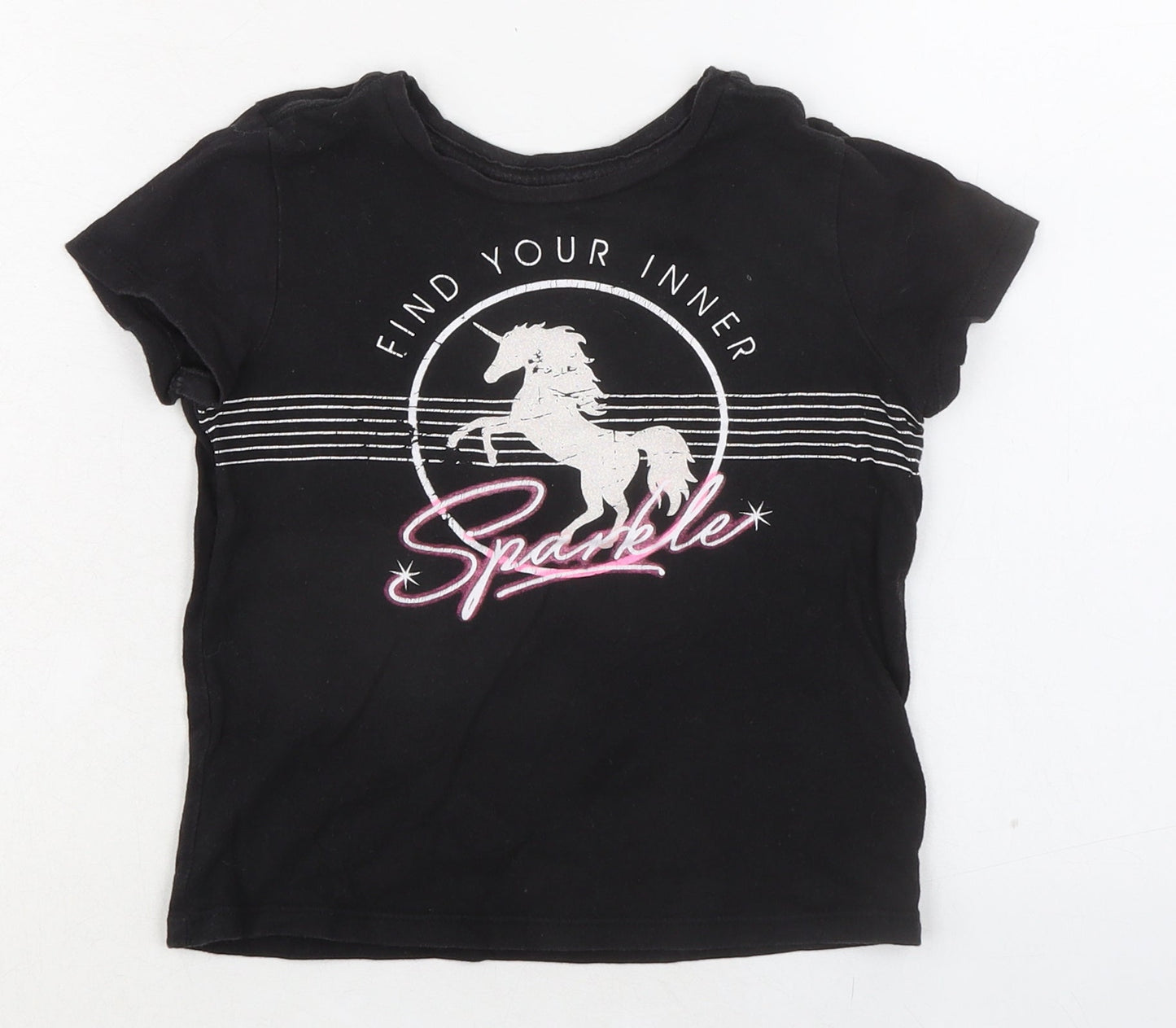 Old Navy Girls Black 100% Cotton Basic T-Shirt Size 6-7 Years Round Neck Pullover - Find Your Inner Sparkle