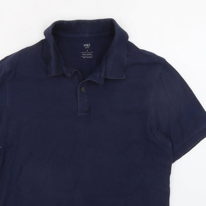 Marks and Spencer Mens Blue Cotton Button-Up Size S Collared Button