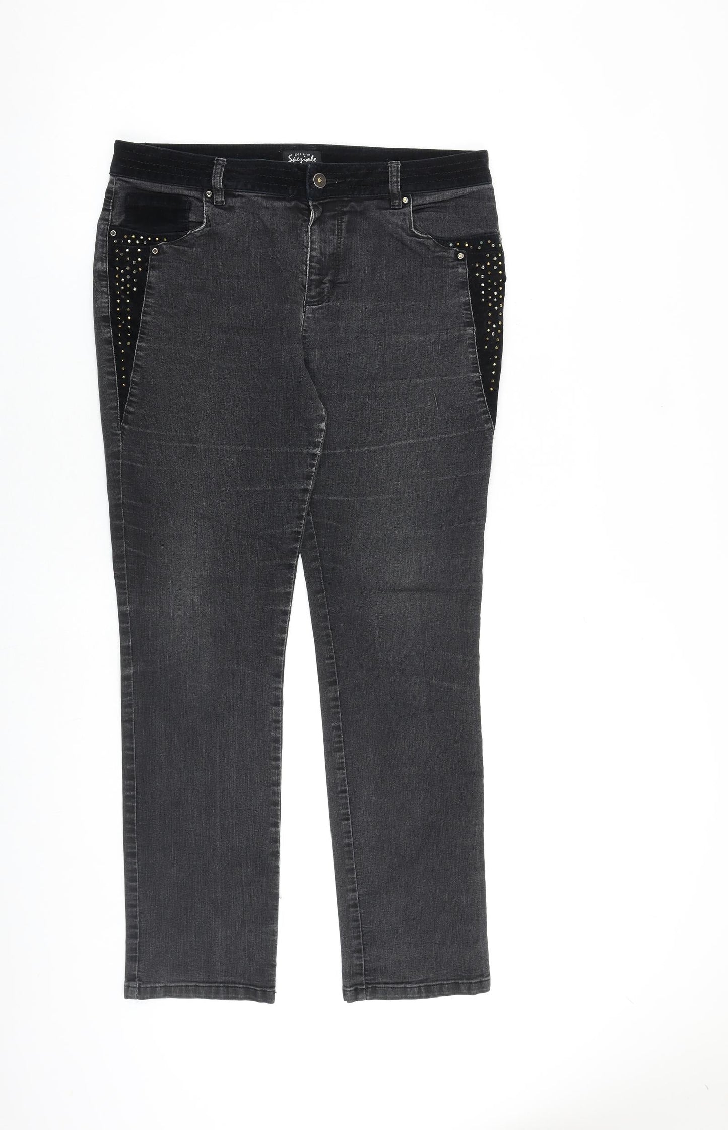 Per Una Womens Grey Cotton Straight Jeans Size 12 L30 in Regular Zip - Embellished