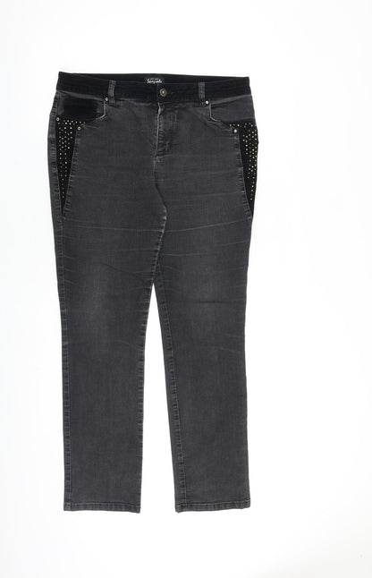 Per Una Womens Grey Cotton Straight Jeans Size 12 L30 in Regular Zip - Embellished