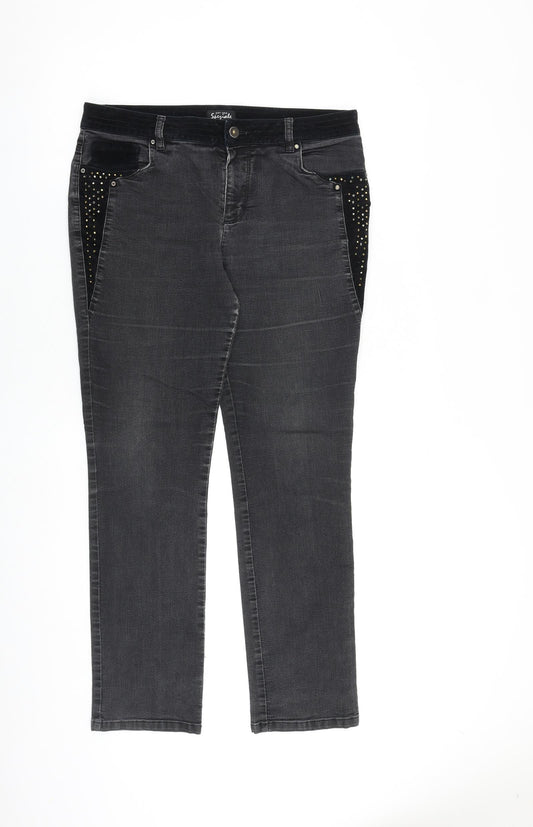 Per Una Womens Grey Cotton Straight Jeans Size 12 L30 in Regular Zip - Embellished