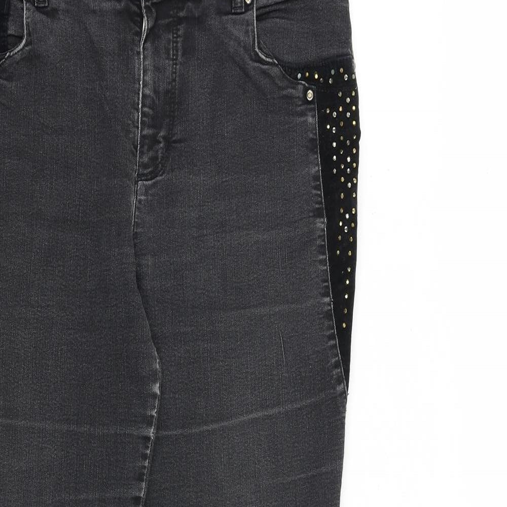 Per Una Womens Grey Cotton Straight Jeans Size 12 L30 in Regular Zip - Embellished