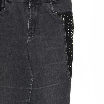 Per Una Womens Grey Cotton Straight Jeans Size 12 L30 in Regular Zip - Embellished