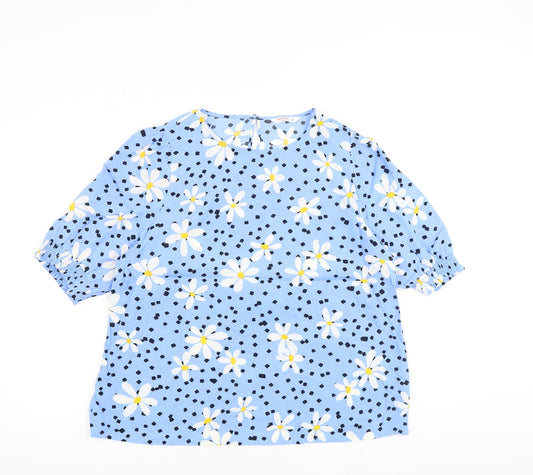 John Lewis Womens Blue Floral Viscose Basic Blouse Size 16 Round Neck